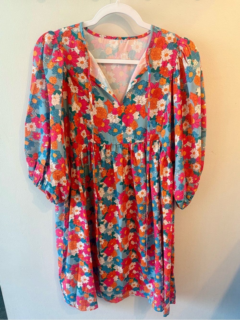 Bright Floral V-Neck Puff Sleeve Mini Dress - Teal, Pink & Orange